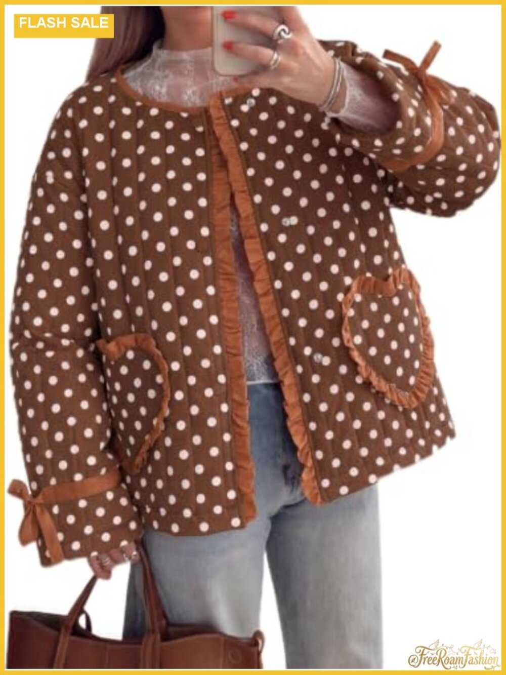 Cropped Quilted Jacket Open Front Bow Tie Cuffs Casual Outerwear